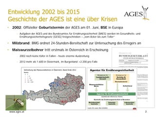 www.ages.at
• 2002: Offizieller Geburtstermin der AGES am 01. Juni, BSE in Europa
− Aufgaben der AGES und des Bundesamtes für Ernährungssicherheit (BAES) werden im Gesundheits- und
Ernährungssicherheitsgesetz (GESG) festgeschrieben – „vom Acker bis zum Teller“
• Milzbrand: BMG ordnet 24-Stunden-Bereitschaft zur Untersuchung des Erregers an
• Maiswurzelbohrer tritt erstmals in Österreich in Erscheinung
- 2002 noch keine Käfer in Fallen - heute enorme Ausbreitung
- 2012 mehr als 1.600 in Steiermark, im Burgenland >2.200 pro Falle
2
 
