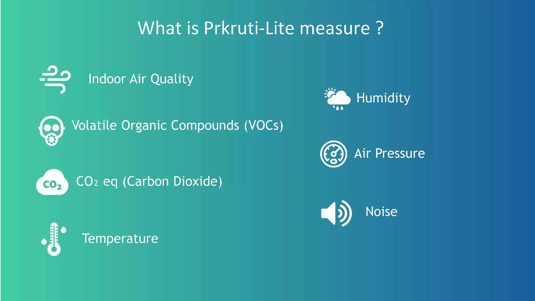 What is Prkruti-Lite measure ?
Volatile Organic Compounds (VOCs)
CO₂ eq (Carbon Dioxide)
Temperature
Humidity
Air Pressure
Noise
Indoor Air Quality
 