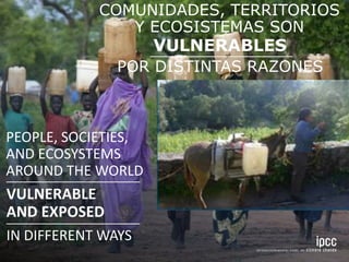 IN DIFFERENT WAYS
VULNERABLE
AND EXPOSED
PEOPLE, SOCIETIES,
AND ECOSYSTEMS
AROUND THE WORLD
VULNERABLES
COMUNIDADES, TERRITORIOS
Y ECOSISTEMAS SON
POR DISTINTAS RAZONES
 