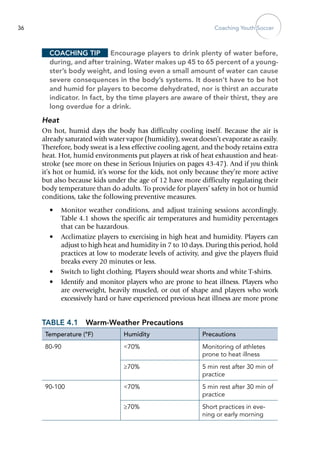 Coaching Youth Soccer36
Coaching Tip	 Encourage players to drink plenty of water before,
during, and after training. Water makes up 45 to 65 percent of a young-
ster’s body weight, and losing even a small amount of water can cause
severe consequences in the body’s systems. It doesn’t have to be hot
and humid for players to become dehydrated, nor is thirst an accurate
indicator. In fact, by the time players are aware of their thirst, they are
long overdue for a drink.
Heat
On hot, humid days the body has difficulty cooling itself. Because the air is
already saturated with water vapor (humidity), sweat doesn’t evaporate as easily.
Therefore, body sweat is a less effective cooling agent, and the body retains extra
heat. Hot, humid environments put players at risk of heat exhaustion and heat-
stroke (see more on these in Serious Injuries on pages 43-47). And if you think
it’s hot or humid, it’s worse for the kids, not only because they’re more active
but also because kids under the age of 12 have more difficulty regulating their
body temperature than do adults. To provide for players’ safety in hot or humid
conditions, take the following preventive measures.
•	 Monitor weather conditions, and adjust training sessions accordingly.
Table 4.1 shows the specific air temperatures and humidity percentages
that can be hazardous.
•	 Acclimatize players to exercising in high heat and humidity. Players can
adjust to high heat and humidity in 7 to 10 days. During this period, hold
practices at low to moderate levels of activity, and give the players fluid
breaks every 20 minutes or less.
•	 Switch to light clothing. Players should wear shorts and white T‑shirts.
•	 Identify and monitor players who are prone to heat illness. ­Players who
are overweight, heavily muscled, or out of shape and players who work
excessively hard or have experienced previous heat illness are more prone
Table 4.1  Warm-Weather Precautions
Temperature (°F) Humidity Precautions
80-90 <70% Monitoring of athletes
prone to heat illness
≥70% 5 min rest after 30 min of
practice
90-100 <70% 5 min rest after 30 min of
practice
≥70% Short practices in eve-
ning or early morning
 