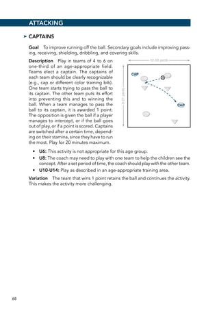 68
➤➤ Captains
Goal  To improve running off the ball. Secondary goals include improving pass-
ing, receiving, shielding, dribbling, and covering skills.
Description  Play in teams of 4 to 6 on
one-third of an age-appropriate field.
Teams elect a captain. The captains of
each team should be clearly recognizable
(e.g., cap or different color training bib).
One team starts trying to pass the ball to
its captain. The other team puts its effort
into preventing this and to winning the
ball. When a team manages to pass the
ball to its captain, it is awarded 1 point.
The opposition is given the ball if a player
manages to intercept, or if the ball goes
out of play, or if a point is scored. Captains
are switched after a certain time, depend-
ing on their stamina, since they have to run
the most. Play for 20 minutes maximum.
•	 U6: This activity is not appropriate for this age group.
•	 U8: The coach may need to play with one team to help the children see the
concept. After a set period of time, the coach should play with the other team.
•	 U10-U14: Play as described in an age-appropriate training area.
Variation  The team that wins 1 point retains the ball and continues the activity.
This makes the activity more challenging.
Attacking
E5120/ASEP/398168/drill5.07/alw/r4
12-33 yards
9-21yards
CAP
CAP
 