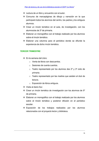Plan de lectura y de uso de la biblioteca escolar el CEIP “La Gloria”

 Lectura de un libro y encuentro con el autor.
 Concurso de marcapáginas de dibujo y narración en la que
participará todos los alumnos del centro, los padres y los antiguos
alumnos.
 Crear un rincón temático en el aula, de investigación, con los
alumnos/as de 3º de primaria.
 Elaborar un monográfico con el trabajo realizado por los alumnos
sobre el rincón temático.
 Elaborar una columna para el periódico donde se difunde la
experiencia de dicho rincón temático.
TERCER TRIMESTRE
 En la semana del Libro:
o Venta de libros con descuentos.
o Sesiones de cuenta cuentos.
o Teatro representado por los alumnos des 2º y 3º ciclo de
primaria.
o Teatro representado por las madres que asisten al club de
lectura.
o Exposición de libros antiguos.
 Visita al diario Sur.
 Crear un rincón temático de investigación con los alumnos de 5º
de primaria.
 Elaborar un monográfico con el trabajo realizado por los alumnos
sobre el rincón temático y posterior difusión en el periódico
escolar.
 Exposición

de

los

trabajos

realizados

por

los

alumnos

relacionados con el proyecto lector y biblioteca.

16

 