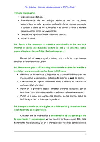 Plan de lectura y de uso de la biblioteca escolar el CEIP “La Gloria”

TERCER TRIMESTRE.
•

Exposiciones de trabajo.

•

Encuadernación

de

los

trabajos

realizados

en

las

secciones

documentales de aula y posterior explicación de las mismas para darla
a conocer al resto de los alumnos/as y así animar a éstos a realizar
estas secciones en los curso venideros.
•

Celebración y participación de la semana del libro.

•

Visita a librerías.

b.4. Apoyo a los programas y proyectos coyunturales en los que está
inmerso el centro (coeducación, cultura de paz y no violencia, lucha
contra el racismo, la xenofobia y la discriminación…)
Durante todo el curso apoyará a todos y cada uno de los proyectos que
llevamos a cabo en nuestro Centro.
b.5. Mecanismos para la circulación y difusión de la información referida a
servicios y programas articulados desde la biblioteca.
•

Presencia de los servicios y programas de la biblioteca escolar y de las
intervenciones y producciones del proyecto lector en la Web del centro.

•

Elaboraciones de Trípticos informando sobre la apertura de la biblioteca
a al comunidad educativa.

•

Incluir en el periódico escolar trimestral acciones realizadas por al
biblioteca y recomendaciones de libros, películas, salidas interesantes…

•

Poner en el tablón de anuncios las opiniones de los alumnos sobre la
biblioteca y sobre los libros que hayan leído.

b.6. Incorporación de las tecnologías de la información y la comunicación
en el desarrollo de los proyectos.
Contamos con la colaboración e incorporación de las tecnologías de
la información y comunicación ya que nuestro centro es centro TIC. Esta
herramienta nos resulta muy útil en el proyecto lector y escritos como en el uso

19

 