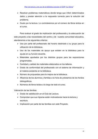 Plan de lectura y de uso de la biblioteca escolar el CEIP “La Gloria”

 Resolver problemas matemáticos donde tenga que inferir determinados
datos y prestar atención a la respuesta correcta para la solución del
problema.
 Gusto por la lectura. Lo controlaremos por el número de libros leídos en
el curso.
Para evaluar el grado de implicación del profesorado y la adecuación de
este proyecto a las necesidades del centro y de nuestra comunidad educativa,
atenderemos a los siguientes criterios:
 Uso por parte del profesorado del horario destinado a su grupo para la
utilización de la biblioteca.
 Uso de los materiales de apoyo que existen en la biblioteca para la
ayuda en su función docente.
 Materiales aportados por los distintos grupos para las exposiciones
programadas.
 Cantidad y calidad de materiales elaborados en los talleres.
 Grado de conformidad del profesorado con el sistema de información y
el materia existente en la biblioteca.
 Número de propuestas para la mejora de la biblioteca.
 Afluencia de los alumnos y familias a la hora de préstamos de los fondos
bibliográficos.
 Números de libros leídos a lo largo de todo el curso.
Valoración de las familias:
 Grado de satisfacción en el Club de Lectura.
 Comprobar que sus hijos/as están motivados/as hacia la lectura y
escritura.
 Implicación por parte de las familias con este Proyecto.

23

 