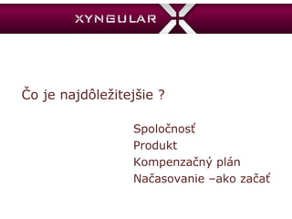 Čo je najdôležitejšie ? Spoločnosť Produ kt Kompenzačný plán Načasovanie –ako začať 