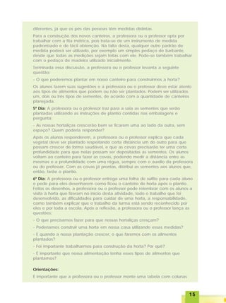 1515151515
diferentes, já que os pés das pessoas têm medidas distintas.
Para a construção dos novos canteiros, a professora ou o professor opta por
trabalhar com a fita métrica, pois trata-se de um instrumento de medida
padronizado e de fácil obtenção. Na falta desta, qualquer outro padrão de
medida poderá ser utilizado, por exemplo um simples pedaço de barbante,
desde que todas as medições sejam feitas com ele. Pode-se também trabalhar
com o pedaço de madeira utilizado inicialmente.
Terminada essa discussão, a professora ou o professor levanta a seguinte
questão:
- O que poderemos plantar em nosso canteiro para construirmos a horta?
Os alunos fazem suas sugestões e a professora ou o professor deve estar atento
aos tipos de alimentos que podem ou não ser plantados. Podem ser utilizados
um, dois ou três tipos de sementes, de acordo com a quantidade de canteiros
planejada.
5º Dia: A professora ou o professor traz para a sala as sementes que serão
plantadas utilizando as instruções de plantio contidas nas embalagens e
pergunta:
- As nossas hortaliças crescerão bem se ficarem uma ao lado da outra, sem
espaço? Quem poderia responder?
Após os alunos responderem, a professora ou o professor explica que cada
vegetal deve ser plantado respeitando certa distância um do outro para que
possam crescer de forma saudável, e que as covas precisarão ter uma certa
profundidade para que nelas possam ser depositadas as sementes. Os alunos
voltam ao canteiro para fazer as covas, podendo medir a distância entre as
mesmas e a profundidade com uma régua, sempre com o auxílio da professora
ou do professor. Com as covas já prontas, distribui as sementes aos alunos que,
então, farão o plantio.
6º Dia: A professora ou o professor entrega uma folha de sulfite para cada aluno
e pede para eles desenharem como ficou o canteiro de horta após o plantio.
Feitos os desenhos, a professora ou o professor pode relembrar com os alunos a
visita à horta que fizeram no início desta atividade, todo o trabalho que foi
desenvolvido, as dificuldades para cuidar de uma horta, a responsabilidade,
como também explicar que o trabalho da turma está sendo reconhecido por
eles e por toda a escola. Após a reflexão, a professora ou o professor lança as
questões:
- O que precisamos fazer para que nossas hortaliças cresçam?
- Poderíamos construir uma horta em nossa casa utilizando essas medidas?
- E quando a nossa plantação crescer, o que faremos com os alimentos
plantados?
- Foi importante trabalharmos para construção da horta? Por quê?
- É importante que nossa alimentação tenha esses tipos de alimentos que
plantamos?
Orientações:
É importante que a professora ou o professor monte uma tabela com colunas
 