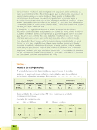1616161616
para anotar os resultados das medições com os passos, com a madeira ou
outro tipo de instrumento e fita métrica para que os alunos não se percam ao
fazerem suas anotações, como também fique atento se todos estão
participando. A professora ou o professor pode fazer um cartaz para o
acompanhamento do crescimento dos alimentos plantados, pedindo para os
alunos (que poderão ser escalados por sorteio), a cada três dias, observarem
como está a horta e desenharem nesse cartaz. Como também montar duplas
para regar a horta todos os dias.
A professora ou o professor deve ficar atento às respostas dos alunos,
discutindo com eles sobre a importância de cuidar da horta, como manuseá-
la, sobre o cuidado para não desperdiçar o que temos para comer e o valor
que devemos dar ao fruto do nosso trabalho, ressaltando que tem muitas
crianças que não comem na escola, pois esta não oferece alimentação.
Essa atividade é bem longa, portanto sugerimos que seja iniciada em uma
época do ano que possibilite aos alunos acompanhar o crescimento dos
vegetais, adquirindo o hábito de lidar com a horta, molhar, colocar adubo,
retirar pragas que possam prejudicá-la e colher o alimento que plantaram.
Sugerimos também que seja utilizado o metro feito com canudinhos (consiste
de um barbante de 1m de comprimento no qual são colocados 100 pedaços
de canudinhos cortados em tamanho de 1cm).
Sobre...
Medida de comprimento:
A unidade fundamental das medidas de comprimento é o metro.
Vejamos o quadro de seus múltiplos e submúltiplos, que são unidades
secundárias, dispostas na ordem decrescente.
Cada unidade de comprimento é 10 vezes maior que a unidade
imediatamente inferior.
Exemplo de transformação:
a) 20m = 2 000cm b) 30dam = 0,3km
○ ○ ○ ○ ○ ○ ○ ○ ○ ○ ○ ○ ○ ○ ○ ○ ○ ○
○○○
quilômetro hectômetro decâmetro metro decímetro centímetro milímetro
km hm dam m dm cm mm
1 000 m 100 m 10 m 1 m 0,1 m 0,01 m 0,001 m
Múltiplos u.f. Submúltiplos
km mm
 