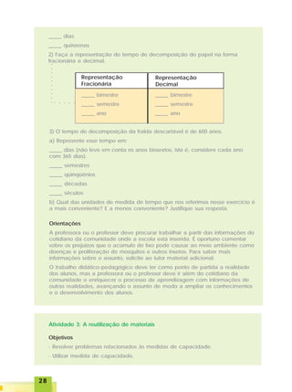 2828282828
3) O tempo de decomposição da fralda descartável é de 600 anos.
a) Represente esse tempo em:
_____ dias (não leve em conta os anos bissextos, isto é, considere cada ano
com 365 dias).
_____ semestres
_____ qüinqüênios
_____ décadas
_____ séculos
b) Qual das unidades de medida de tempo que nos referimos nesse exercício é
a mais conveniente? E a menos conveniente? Justifique sua resposta.
Orientações
A professora ou o professor deve procurar trabalhar a partir das informações do
cotidiano da comunidade onde a escola está inserida. É oportuno comentar
sobre os prejuízos que o acúmulo de lixo pode causar ao meio ambiente como
doenças e proliferação de mosquitos e outros insetos. Para saber mais
informações sobre o assunto, solicite ao tutor material adicional.
O trabalho didático-pedagógico deve ter como ponto de partida a realidade
dos alunos, mas a professora ou o professor deve ir além do cotidiano da
comunidade e enriquecer o processo de aprendizagem com informações de
outras realidades, avançando o assunto de modo a ampliar os conhecimentos
e o desenvolvimento dos alunos.
Atividade 3: A reutilização de materiais
Objetivos
· Resolver problemas relacionados às medidas de capacidade.
· Utilizar medida de capacidade.
_____ dias
_____ quinzenas
2) Faça a representação do tempo de decomposição do papel na forma
fracionária e decimal.
Representação
Fracionária
Representação
Decimal
_____ bimestre
_____ semestre
_____ ano
_____ bimestre
_____ semestre
_____ ano
○○○○○○○○○○
○ ○ ○ ○ ○
 
