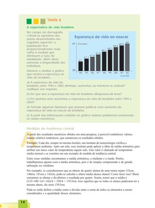 1414141414
A
A expectativa de vida brasileira
TTTTTarefa 6arefa 6arefa 6arefa 6arefa 6
No campo da demografia,
o Brasil se aproxima dos
países desenvolvidos nos
seguintes aspectos: a
população fica
proporcionalmente mais
velha à medida que
diminuem a taxa de
natalidade. Além disso,
aumenta a longevidade dos
indivíduos.
Observe e analise o gráfico
que mostra a esperança de
vida do brasileiro.
a) A esperança de vida do
brasileiro entre 1994 e 2002 diminuiu, aumentou ou manteve-se estável?
Justifique sua resposta.
b) Em que ano a esperança de vida do brasileiro ultrapassou 68 anos?
c) Em quantos anos aumentou a esperança de vida do brasileiro entre 1994 e
2002?
d) Formule algumas hipóteses que possam justificar esse aumento da
esperança de vida ao nascer do brasileiro.
e) A partir das informações contidas no gráfico elabore problemas envolvendo
os dados numéricos.
Medidas de tendência central
A partir dos resultados numéricos obtidos em uma pesquisa, é possível estabelecer valores,
usando critérios estatísticos, que sumarizem os resultados obtidos.
Exemplo: Cada dia, sempre no mesmo horário, um instituto de meteorologia verifica a
temperatura ambiente. Após um mês, esse instituto pode aplicar a idéia de média aritmética para
atribuir um único valor de temperaturas àquele mês. Este valor é chamado de temperatura
média mensal e se constitui em um exemplo de medida de tendência central.
Entre essas medidas encontramos a média aritmética, a mediana e a moda. Porém,
trabalharemos apenas com a média aritmética, pois é de simples compreensão e de grande
utilização no cotidiano.
Por exemplo, se considerarmos que as alturas de quatro alunos de uma turma sejam 135cm,
140cm, 141cm e 142cm, pode-se calcular a altura média desses alunos! Como fazer isso? Basta
somarmos as alturas e dividirmos o resultado por quatro. Assim, temos que a média é
(135+140+141+142)/4 = 558/4 = 139,5cm. Isso significa que se todos os alunos pudessem ter a
mesma altura, ela seria 139,5cm.
Pode-se então definir a média como a divisão entre a soma de todos os elementos a serem
considerados e a quantidade desses elementos.
○ ○ ○ ○ ○ ○ ○ ○ ○ ○ ○ ○ ○
 