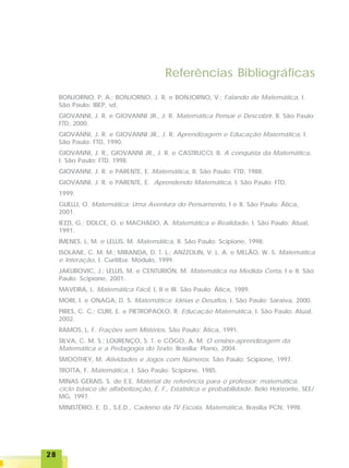 2828282828
Referências Bibliográficas
BONJORNO, P. A.; BONJORNO, J. R. e BONJORNO, V.; Falando de Matemática, I.
São Paulo: IBEP, sd.
GIOVANNI, J. R. e GIOVANNI JR., J. R. Matemática Pensar e Descobrir, II. São Paulo:
FTD, 2000.
GIOVANNI, J. R. e GIOVANNI JR., J. R. Aprendizagem e Educação Matemática, I.
São Paulo: FTD, 1990.
GIOVANNI, J. R., GIOVANNI JR., J. R. e CASTRUCCI, B. A conquista da Matemática,
I. São Paulo: FTD, 1998.
GIOVANNI, J. R. e PARENTE, E. Matemática, II. São Paulo: FTD, 1988.
GIOVANNI, J. R. e PARENTE, E. Aprendendo Matemática, I. São Paulo: FTD,
1999.
GUELLI, O. Matemática: Uma Aventura do Pensamento, I e II. São Paulo: Ática,
2001.
IEZZI, G.; DOLCE, O. e MACHADO, A. Matemática e Realidade, I. São Paulo: Atual,
1991.
IMENES, L. M. e LELLIS, M. Matemática, II. São Paulo: Scipione, 1998.
ISOLANE, C. M. M.; MIRANDA, D. T. L.; ANZZOLIN, V. L. A. e MELÃO, W. S. Matemática
e Interação, I. Curitiba: Módulo, 1999.
JAKUBOVIC, J.; LELLIS, M. e CENTURIÓN, M. Matemática na Medida Certa, I e II. São
Paulo: Scipione, 2001.
MAVEIRA, L. Matemática Fácil, I, II e III. São Paulo: Ática, 1989.
MORI, I. e ONAGA, D. S. Matemática: Idéias e Desafios, I. São Paulo: Saraiva, 2000.
PIRES, C. C.; CURI, E. e PIETROPAOLO, R. Educação Matemática, I. São Paulo: Atual,
2002.
RAMOS, L. F. Frações sem Mistérios. São Paulo: Ática, 1991.
SILVA, C. M. S.; LOURENÇO, S. T. e CÔGO, A. M. O ensino-aprendizagem da
Matemática e a Pedagogia do Texto. Brasília: Plano, 2004.
SMOOTHEY, M. Atividades e Jogos com Números. São Paulo: Scipione, 1997.
TROTTA, F. Matemática, I. São Paulo: Scipione, 1985.
MINAS GERAIS, S. de E.E. Material de referência para o professor: matemática:
ciclo básico de alfabetização, E. F., Estatística e probabilidade. Belo Horizonte, SEE/
MG, 1997.
MINISTÉRIO, E. D., S.E.D., Caderno da TV Escola, Matemática, Brasília PCN, 1998.
 