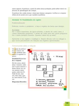 1919191919
outros aspectos. O professor, a partir da análise dessas produções, pode melhor intervir no
processo de aprendizagem das crianças.
O professor deve ainda orientar o aluno para retomar a pergunta e verificar se a resposta
obtida está de acordo com o que é pedido no problema.
Atividade 10: Possibilidades de registro
Problematização
Professor, resolva o problema e faça o registro da forma que desejar:
As Caixas
Há 3 caixas separadas, de igual tamanho, e dentro de cada caixa, 2
caixas separadas pequenas, e dentro de cada uma das caixas pequenas
há 4 caixas também menores. Quantas caixas há ao todo?
Apresente o seu registro e explique-o. Depois discuta com os colegas o
que vocês perceberam em relação aos registros apresentados.
Conversando sobre a solução
○ ○ ○ ○ ○ ○ ○ ○ ○
U
Um grupo de professo-
ras ao resolver este
mesmo problema apre-
sentou os seguintes re-
gistros:
Oralidade/Escreven-
do a resposta
Há três caixas, dentro
delas 2 menores, então
tem 6 caixas menores e
dentro dessas seis cai-
xas menores outras
quatro, então tem 24.
Então há três, mais
seis, mais vinte e qua-
tro, num total de 33 cai-
xas.
Diagramas/Desenhos
 