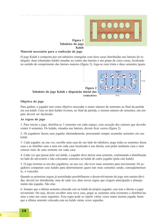 2828282828
Figura 1
Tabuleiro do jogo
Kalah
Material necessário para a confecção do jogo
O jogo Kalah é composto por um tabuleiro retangular com doze casas distribuídas nas laterais do re-
tângulo: duas (chamadas kalah) situadas no centro das laterais e um grupo de cinco casas, localizado
no sentido do comprimento das laterais maiores (figura 2). Joga-se com trinta e duas sementes iguais.
Figura 2
Tabuleiro do jogo Kalah e disposição inicial das
sementes
○ ○ ○ ○ ○
○○○○○○○
○ ○ ○ ○ ○ ○ ○ ○ ○ ○ ○ ○ ○ ○ ○ ○ ○ ○ ○ ○ ○ ○ ○ ○ ○ ○ ○ ○ ○
Objetivo do jogo
Para ganhar, o jogador tem como objetivo arrecadar o maior número de sementes ao final da partida
em seu kalah. Caso os dois kalahs tiverem, ao final da partida, o mesmo número de sementes, um em-
pate deverá ser declarado.
As regras do jogo
1. Para iniciar o jogo, distribui-se 3 sementes em cada espaço, com exceção dos centrais que deverão
conter 4 sementes. Os kalahs, situados nas laterais, devem ficar vazios (figura 2).
2. Os jogadores fazem suas jogadas alternadamente, procurando sempre acumular sementes em seu
kalah.
3. Cada jogador, na sua vez, escolhe uma casa do seu lado do tabuleiro, pega todas as sementes dessa
casa e as distribui uma a uma em cada casa localizada à sua direita, sem pular nenhuma casa e nem
colocar mais de uma semente em cada casa.
4. Cada vez que passar pelo seu kalah, o jogador deve deixar uma semente, continuando a distribuição
no lado do adversário e não colocando sementes no kalah do outro jogador (pula este kalah).
5. O jogo termina se um dos jogadores, na sua vez, não tiver mais sementes para movimentar. Os jo-
gadores comparam seus kalahs para determinarem quem tem mais sementes sendo, conseqüentemen-
te, o vencedor.
Quando as primeiras regras já assimiladas possibilitarem o desenvolvimento do jogo sem muitas dúvi-
das, deverá ser introduzida, uma de cada vez, duas novas regras que exigem antecipação e planeja-
mento das jogadas. São elas:
6. Sempre que a última semente colocada cair no kalah do próprio jogador, este tem o direito a jogar
novamente. Ou seja, deverá escolher uma nova casa, pegar as sementes nela existentes e distribuí-las
uma a uma nas casas seguintes. Essa regra pode se repetir várias vezes numa mesma jogada, basta
que a última semente colocada caia no kalah várias vezes seguidas.
 