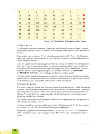 3434343434
0
27
26
25
24
23
22
21
1
28
54
50
48
45
44
20
2
29
55
120
108
100
42
19
3
30
60
125
180
96
41
18
4
31
64
144
150
90
40
17
5
32
66
72
75
80
39
16
6
33
34
35
36
37
38
15
7
8
9
10
11
12
13
14
Figura 10 - Colocação de fichas para ganhar o jogo
As regras do jogo
1. Adversários jogam alternadamente. Na sua vez, cada jogador joga os três dados e constrói
uma sentença numérica usando os números indicados pelos dados e uma ou duas operações di-
ferentes.
Por exemplo, com os números 2, 3 e 4 o jogador poderá construir (2 + 3) x 4 = 20. O jogador,
neste caso, cobriria o espaço marcado 20 com uma ficha de sua cor. Só é permitido utilizar as
quatro operações básicas.
2. Se um jogador passar sua jogada, por acreditar que não é possível fazer uma sentença numé-
rica com os valores sorteados nos dados, o adversário terá uma opção a tomar: se achar que
seria possível fazer uma sentença com os dados jogados pelo colega, poderá fazer a sentença
numérica antes de fazer sua própria jogada. Ele ganhará, neste caso, O DOBRO DO
NÚMERO DE PONTOS, e em seguida poderá fazer sua própria jogada.
3. O jogo termina quando o jogador conseguir atingir o número de pontos definidos no início do
jogo ou colocar 5 fichas de mesma cor em linha reta sem nenhuma ficha do adversário intervin-
do. Relembrando, essa linha poderá ser horizontal, vertical ou diagonal.
Contagem dos pontos
Um ponto é ganho por colocar uma ficha num espaço desocupado que seja vizinho a um espaço
com uma ficha de qualquer cor (horizontalmente, verticalmente ou diagonalmente). Colocando-
se um marcador num espaço vizinho a mais de um espaço ocupado, mais pontos poderão ser
obtidos. A cor das fichas nos espaços ocupados não faz diferença. Os pontos obtidos numa
jogada são somados para o jogador.
Um exemplo: Suponhamos que uma partida tenha sido iniciada pelo jogador A que possuía a fi-
cha vermelha colocada na casa 37.
Ao jogar seus dados, o segundo jogador, que possuía a ficha azul, tirou 3, 3 e 4 e fez os seguin-
tes cálculos 3 x 3 x 4 = 36. Isso lhe possibilitou conseguir um ponto.
O jogador A, jogando os dados tirou os números 5, 6 e 1 e fez 5 + 1 + 6 = 12. Colocando sua
ficha vermelha na casa 12, este conseguiu marcar dois pontos. Veja a simulação na figura a
seguir:○ ○ ○ ○ ○ ○ ○ ○ ○ ○ ○ ○ ○ ○ ○ ○ ○ ○ ○ ○ ○ ○ ○ ○ ○ ○ ○ ○ ○ ○ ○ ○ ○ ○ ○ ○ ○ ○ ○ ○ ○ ○ ○
○ ○ ○ ○ ○ ○ ○
○○○○○
○ ○ ○ ○
 