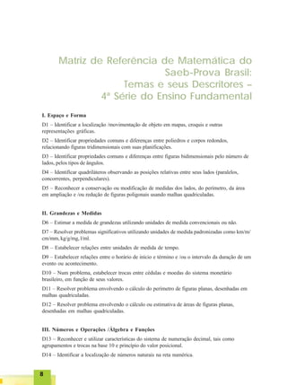 88888
Matriz de Referência de Matemática do
Saeb-Prova Brasil:
Temas e seus Descritores –
4ª Série do Ensino Fundamental
I. Espaço e Forma
D1 – Identificar a localização /movimentação de objeto em mapas, croquis e outras
representações gráficas.
D2 – Identificar propriedades comuns e diferenças entre poliedros e corpos redondos,
relacionando figuras tridimensionais com suas planificações.
D3 – Identificar propriedades comuns e diferenças entre figuras bidimensionais pelo número de
lados, pelos tipos de ângulos.
D4 – Identificar quadriláteros observando as posições relativas entre seus lados (paralelos,
concorrentes, perpendiculares).
D5 – Reconhecer a conservação ou modificação de medidas dos lados, do perímetro, da área
em ampliação e /ou redução de figuras poligonais usando malhas quadriculadas.
II. Grandezas e Medidas
D6 – Estimar a medida de grandezas utilizando unidades de medida convencionais ou não.
D7 – Resolver problemas significativos utilizando unidades de medida padronizadas como km/m/
cm/mm, kg/g/mg, l/ml.
D8 – Estabelecer relações entre unidades de medida de tempo.
D9 – Estabelecer relações entre o horário de início e término e /ou o intervalo da duração de um
evento ou acontecimento.
D10 – Num problema, estabelecer trocas entre cédulas e moedas do sistema monetário
brasileiro, em função de seus valores.
D11 – Resolver problema envolvendo o cálculo do perímetro de figuras planas, desenhadas em
malhas quadriculadas.
D12 – Resolver problema envolvendo o cálculo ou estimativa de áreas de figuras planas,
desenhadas em malhas quadriculadas.
III. Números e Operações /Álgebra e Funções
D13 – Reconhecer e utilizar características do sistema de numeração decimal, tais como
agrupamentos e trocas na base 10 e princípio do valor posicional.
D14 – Identificar a localização de números naturais na reta numérica.
 