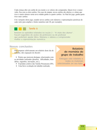 1111111111
P
Cada criança abre um cartão de seu monte e os valores são comparados. Quem tiver o maior
valor, fica com os dois cartões. Em caso de empate, novos cartões são abertos e o aluno que
tiver o maior número nesta nova rodada ganha os quatro cartões. Ao final do jogo, ganha quem
tiver mais cartões.
Crie variações deste jogo, usando novos cartões com números e representações pictóricas de
cada valor para ampliar o limite numérico (até 20, por exemplo).
TTTTTarefa 6arefa 6arefa 6arefa 6arefa 6
Releiam os episódios relatados na seção 2 - “A visão dos alunos”.
Façam sugestões de ações da professora ou do professor
que poderiam ajudar Alice, Mariana e Juliana a compreender
melhor a representação numérica.
Para preparar coletivamente um relatório deste dia de
trabalho, não esqueçam de discutir:
Pontos que merecem destaque, relacionados com
as atividades realizadas (desafios, dificuldades, boas
idéias, sugestões, inovações, etc.);
O produto coletivo das Tarefas Presenciais (TP);
Uma breve avaliação do trabalho realizado.
Nossas conclusões
Relatório
de memória do
grupo de trabalho
Entregue este relatório e
todos os materiais
selecionados ao seu tutor.
 