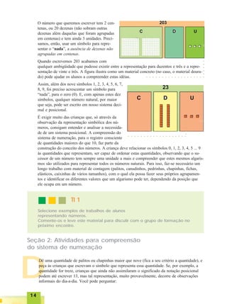 1414141414
D
O número que queremos escrever tem 2 cen-
tenas, ou 20 dezenas (não sobram outras
dezenas além daquelas que foram agrupadas
em centenas) e tem ainda 3 unidades. Preci-
samos, então, usar um símbolo para repre-
sentar o “nada”, a ausência de dezenas não
agrupadas em centenas.
Quando escrevemos 203 acabamos com
qualquer ambigüidade que pudesse existir entre a representação para duzentos e três e a repre-
sentação de vinte e três. A figura ilustra como um material concreto (no caso, o material doura-
do) pode ajudar os alunos a compreender estas idéias.
Assim, além dos nove símbolos 1, 2, 3, 4, 5, 6, 7,
8, 9, foi preciso acrescentar um símbolo para
“nada”, para o zero (0). E, com apenas estes dez
símbolos, qualquer número natural, por maior
que seja, pode ser escrito em nosso sistema deci-
mal e posicional.
É exigir muito das crianças que, só através da
observação da representação simbólica dos nú-
meros, consigam entender e analisar a necessida-
de de um sistema posicional. A compreensão do
sistema de numeração, para o registro consciente
de quantidades maiores do que 10, faz parte da
construção do conceito dos números. A criança deve relacionar os símbolos 0, 1, 2, 3, 4, 5 ... 9
às quantidades que representam, ser capaz de ordenar estas quantidades, observando que o su-
cessor de um número tem sempre uma unidade a mais e compreender que estes mesmos algaris-
mos são utilizados para representar todos os números naturais. Para isso, faz-se necessário um
longo trabalho com material de contagem (palitos, canudinhos, pedrinhas, chapinhas, fichas,
elásticos, caixinhas de vários tamanhos), com o qual ela possa fazer seus próprios agrupamen-
tos e identificar os diferentes valores que um algarismo pode ter, dependendo da posição que
ele ocupa em um número.
○ ○ ○ ○ ○ ○ ○ ○ ○ ○ ○ ○ ○ ○ ○ ○ ○ ○ ○
○○○○○
○ ○ ○ ○ ○ ○ ○ ○ ○ ○ ○ ○ ○ ○ ○ ○ ○ ○ ○
○○○○○
Seção 2: Atividades para compreensão
do sistema de numeração
Dê uma quantidade de palitos ou chapinhas maior que nove (fica a seu critério a quantidade), e
peça às crianças que escrevam o símbolo que representa essa quantidade. Se, por exemplo, a
quantidade for treze, crianças que ainda não assimilaram o significado da notação posicional
podem até escrever 13, mas tal representação, muito provavelmente, decorre de observações
informais do dia-a-dia. Você pode perguntar:
TI 1TI 1TI 1TI 1TI 1
Selecione exemplos de trabalhos de alunos
representando números.
Comente-os e leve este material para discutir com o grupo de formação no
próximo encontro.
 