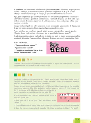 2323232323
de completar está intimamente relacionada à ação de acrescentar. No entanto, a operação rea-
lizada é a subtração, e as crianças devem ser ajudadas a compreender POR QUE se usa a
subtração para resolver esse tipo de situação, à qual uma idéia aditiva está associada.
Aqui, para compreender que a subtração resolve esse tipo de situação-problema, o aluno deve
ser levado a visualizar a quantidade total necessária e a retirada do que já tem deste total. Sepa-
rando o conjunto de objetos disponíveis do total necessário, o aluno verá porque subtrai para
encontrar a resposta.
Coloque no flanelógrafo (ou sobre uma mesa, ou em um mural) 2 agrupamentos de figuras, sen-
do que em um dos conjuntos faltam algumas figuras que estão no outro.
Peça a um aluno que complete o segundo grupo, levando-o a responder à seguinte questão:
“Quantas figuras você precisou colocar para que as quantidades ficassem iguais?”.
A ação de completar pode ser explorada em atividades nas quais os alunos tenham de completar
uma tarefa já iniciada. Podemos utilizar folhas com desenhos para colorir ou completar: Veja:
TI 14TI 14TI 14TI 14TI 14
Elabore uma situação–problema envolvendo a ação de completar. Liste as
perguntas que você deve fazer ao seu aluno.
Maria tem 4 vasos.
- “Quantos estão com plantas?”
- “Quantos estão vazios?”
- “Complete o trabalho de Maria, dese-
nhando flores nos vasos vazios”.
○ ○ ○ ○ ○ ○ ○ ○ ○ ○ ○ ○
TI 15TI 15TI 15TI 15TI 15
Diante do problema de comparação: “Flávia tem 38 anos e sua filha, Duda, tem 13.
Quantos anos a filha de Flávia tem a menos que ela?”, Clara apresentou a seguinte
solução, apoiada na idéia de reta numérica:
Clara marcou na reta as duas idades (13 e 38) envolvidas no problema. Em seguida,
marcou os números 20 e 30 e assinalou “saltos”, com os valores 7, 10 e 8, para sair
de 13 e chegar a 38. Abaixo desta representação, a
aluna escreveu a resposta correta, ou seja, 25.
a) Clara realizou um cálculo mental para obter a
resposta. Qual foi?
b) Por que você acha que Clara escolheu estes
“saltos”?
c) Exemplifique outros “saltos” que uma criança poderia usar para chegar à resposta.
d) Que lhe parece mais natural: calcular 38-13 ou as ações de Clara? Por quê?
○ ○ ○ ○ ○ ○ ○ ○ ○ ○ ○ ○
 