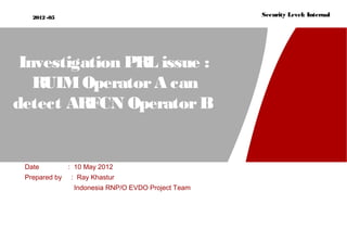 2012 -05                                         Security Level: Internal




 Investigation PRL issue :
   RUIM Operator A can
detect ARFCN Operator B


 Date          : 10 May 2012
 Prepared by   : Ray Khastur
                Indonesia RNP/O EVDO Project Team
 