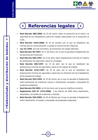 
Embotellado
y
distribución
de
bebidas

GUÍA
SECTORIAL
FADE PREVENCIÓN
32
Referencias legales
 Real Decreto 286/2006, d...
