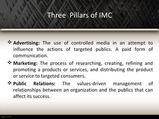 Three Pillars of IMC
 Advertising: The use of controlled media in an attempt to
influence the actions of targeted publics. A paid form of
communication.
 Marketing: The process of researching, creating, refining and
promoting a products or services, and distributing the product
or service to targeted consumers.
 Public Relations: The values-driven management of
relationships between an organization and the publics that can
affect its success.
 