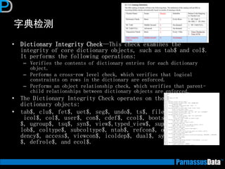 字典检测
• Dictionary Integrity Check—This check examines the
integrity of core dictionary objects, such as tab$ and col$.
It performs the following operations:
– Verifies the contents of dictionary entries for each dictionary
object.
– Performs a cross-row level check, which verifies that logical
constraints on rows in the dictionary are enforced.
– Performs an object relationship check, which verifies that parent-
child relationships between dictionary objects are enforced.
• The Dictionary Integrity Check operates on the following
dictionary objects:
• tab$, clu$, fet$, uet$, seg$, undo$, ts$, file$, obj$, ind$,
icol$, col$, user$, con$, cdef$, ccol$, bootstrap$, objauth
$, ugroup$, tsq$, syn$, view$,typed_view$, superobj$, seq$,
lob$, coltype$, subcoltype$, ntab$, refcon$, opqtype$, depen
dency$, access$, viewcon$, icoldep$, dual$, sysauth$,objpriv
$, defrole$, and ecol$.
 