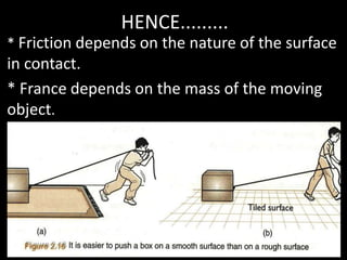 HENCE.........
* Friction depends on the nature of the surface
in contact.
* France depends on the mass of the moving
object.
 