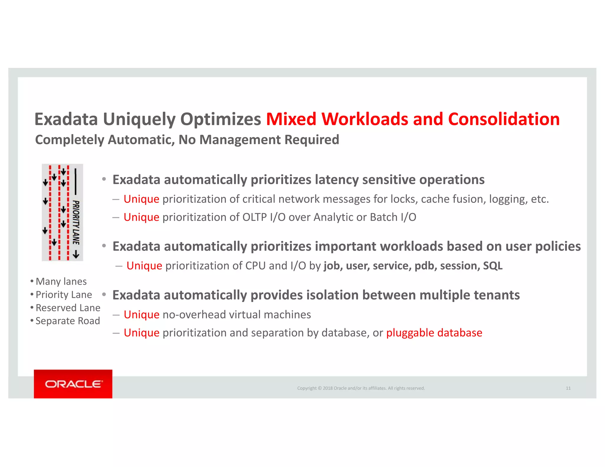 Copyright © 2018 Oracle and/or its affiliates. All rights reserved.
Exadata Uniquely Optimizes Mixed Workloads and Consolidation
• Exadata automatically prioritizes latency sensitive operations
– Unique prioritization of critical network messages for locks, cache fusion, logging, etc.
– Unique prioritization of OLTP I/O over Analytic or Batch I/O
• Exadata automatically prioritizes important workloads based on user policies
– Unique prioritization of CPU and I/O by job, user, service, pdb, session, SQL
• Exadata automatically provides isolation between multiple tenants
– Unique no-overhead virtual machines
– Unique prioritization and separation by database, or pluggable database
11
• Many lanes
• Priority Lane
• Reserved Lane
• Separate Road
Completely Automatic, No Management Required
 