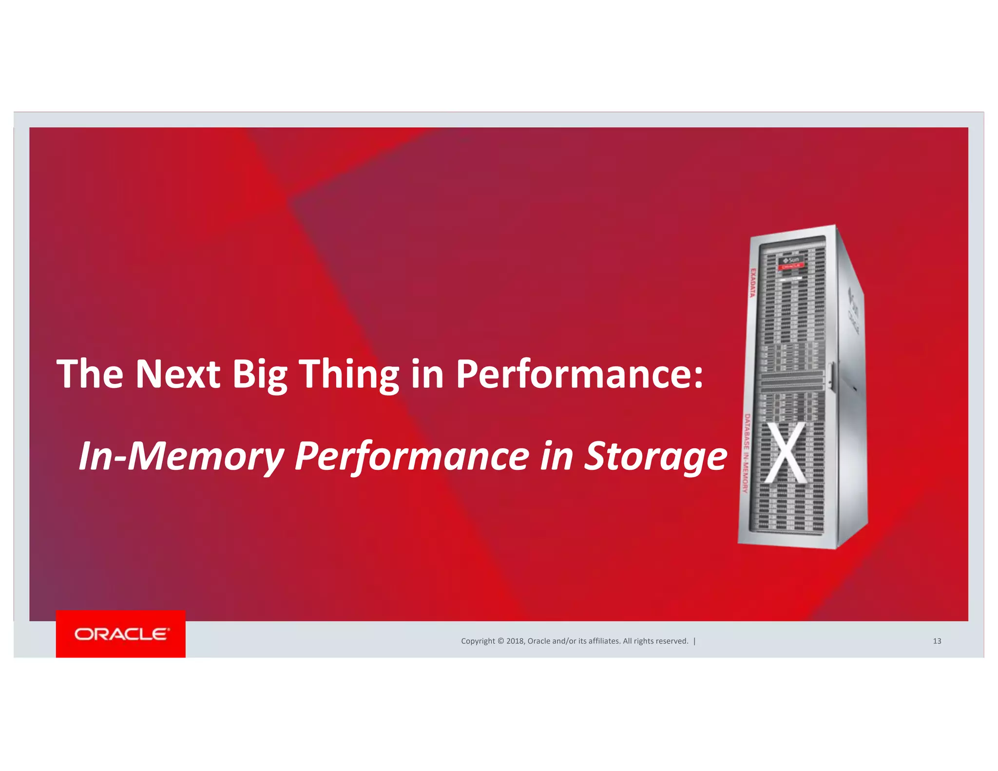 Copyright © 2018, Oracle and/or its affiliates. All rights reserved. |
The Next Big Thing in Performance:
In-Memory Performance in Storage
13
 