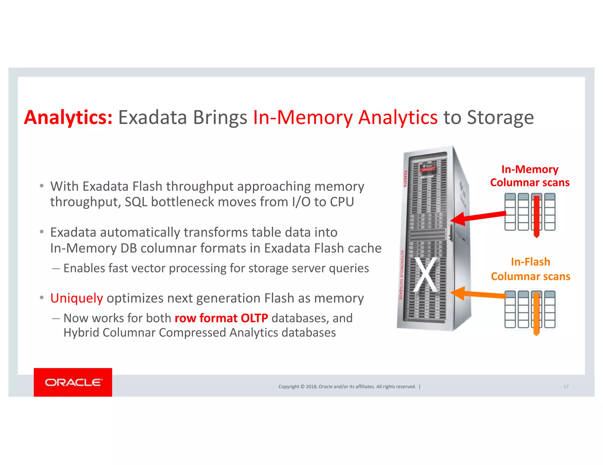 Copyright © 2018, Oracle and/or its affiliates. All rights reserved. |
Analytics: Exadata Brings In-Memory Analytics to Storage
In-Memory
Columnar scans
In-Flash
Columnar scans
• With Exadata Flash throughput approaching memory
throughput, SQL bottleneck moves from I/O to CPU
• Exadata automatically transforms table data into
In-Memory DB columnar formats in Exadata Flash cache
– Enables fast vector processing for storage server queries
• Uniquely optimizes next generation Flash as memory
– Now works for both row format OLTP databases, and
Hybrid Columnar Compressed Analytics databases
17
 