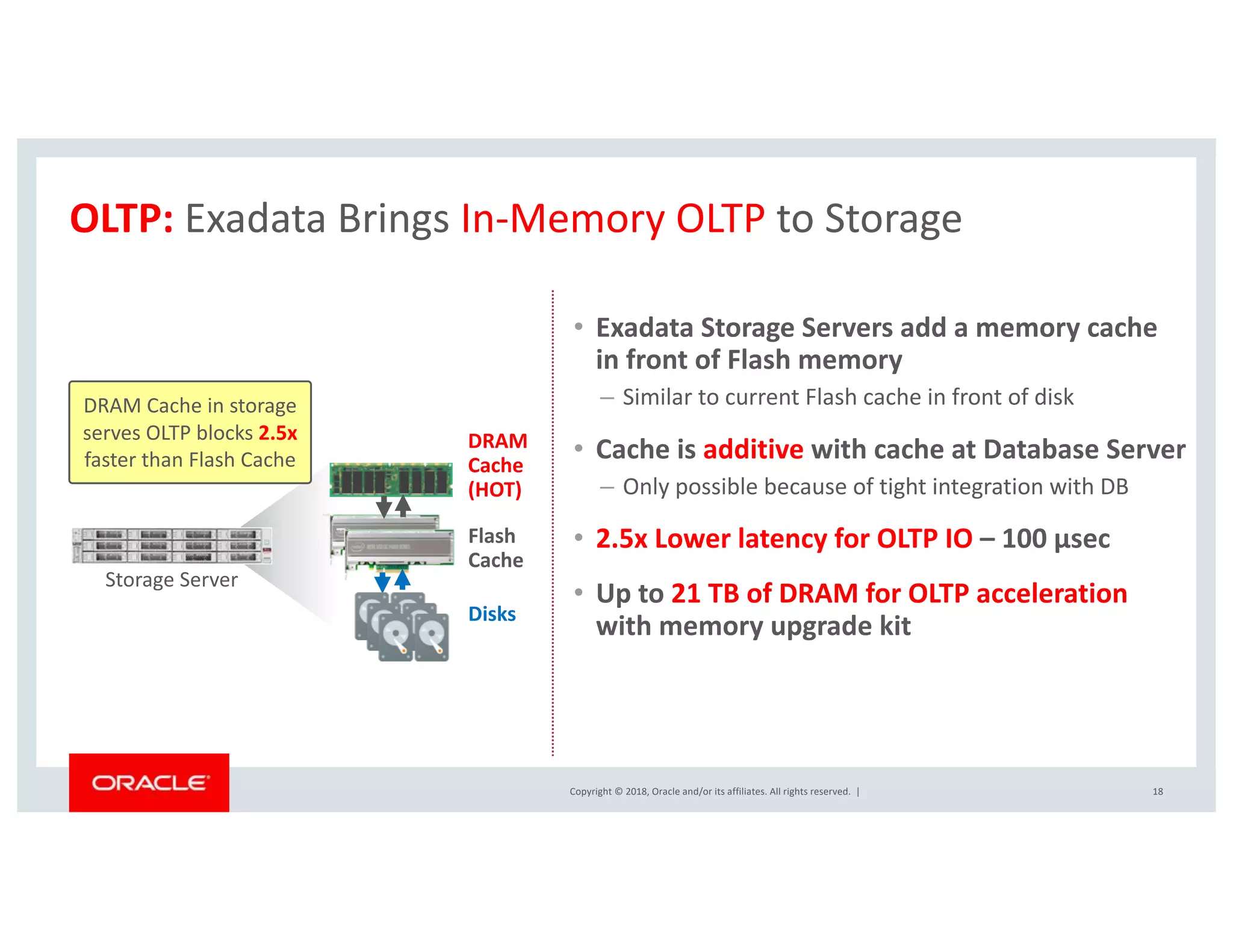 Copyright © 2018, Oracle and/or its affiliates. All rights reserved. |
OLTP: Exadata Brings In-Memory OLTP to Storage
• Exadata Storage Servers add a memory cache
in front of Flash memory
– Similar to current Flash cache in front of disk
• Cache is additive with cache at Database Server
– Only possible because of tight integration with DB
• 2.5x Lower latency for OLTP IO – 100 µsec
• Up to 21 TB of DRAM for OLTP acceleration
with memory upgrade kit
18
DRAM
Cache
(HOT)
Flash
Cache
Disks
Storage Server
DRAM Cache in storage
serves OLTP blocks 2.5x
faster than Flash Cache
 