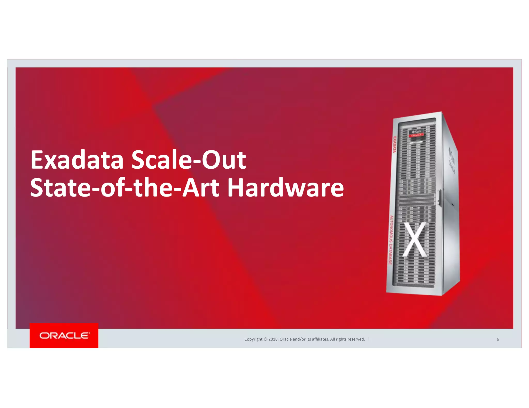 Copyright © 2018, Oracle and/or its affiliates. All rights reserved. |
Exadata Scale-Out
State-of-the-Art Hardware
6
 