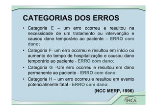 CATEGORIAS DOS ERROS
• Categoria E – um erro ocorreu e resultou na
necessidade de um tratamento ou intervenção e
causou dano temporário ao paciente – ERRO com
dano;
• Categoria F- um erro ocorreu e resultou em início ou
aumento do tempo de hospitalização e causou dano
temporário ao paciente - ERRO com dano;
• Categoria G –Um erro ocorreu e resultou em dano
permanente ao paciente - ERRO com dano;
• Categoria H – um erro ocorreu e resultou em evento
potencialmente fatal - ERRO com dano;
(NCC MERP, 1996)
 