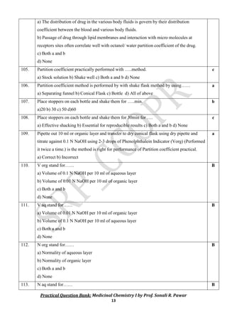 Practical MCQ Bank for experiments: Medicinal chemistry I | PDF