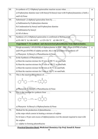 Practical MCQ Bank for experiments: Medicinal chemistry I | PDF