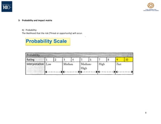 8
3- Probability and impact matrix
A) Probability:
The likelihood that the risk (Threat or opportunity) will occur.
 