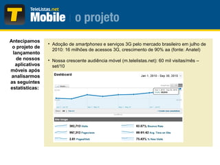 Antecipamos
o projeto de
lançamento
de nossos
aplicativos
móveis após
analisarmos
as seguintes
estatísticas:
• Nossa crescente audiência móvel (m.telelistas.net): 60 mil visitas/mês –
set/10
• Adoção de smartphones e serviços 3G pelo mercado brasileiro em julho de
2010: 16 milhões de acessos 3G, crescimento de 90% aa (fonte: Anatel)
 