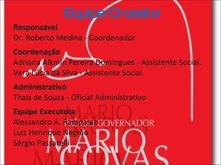 Equipe Croeste Responsável Dr. Roberto Medina - Coordenador Coordenação Adriana Alkmin Pereira Domingues - Assistente Social. Vera Lúcia da Silva - Assistente Social. Administrativo Thaís de Souza - Oficial Administrativo  Equipe Executora Alessandro A. Rampasso Luiz Henrique Negrão Sérgio Passarelli 