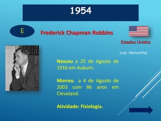 1954
E
Estados Unidos
(nat. Alemanha)
Frederick Chapman Robbins
Nasceu a 25 de Agosto de
1916 em Auburn.
Morreu a 4 de Agosto de
2003 com 86 anos em
Cleveland.
Atividade: Fisiologia.
 
