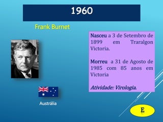 1960
Frank Burnet
Austrália
E
Nasceu a 3 de Setembro de
1899 em Traralgon
Victoria.
Morreu a 31 de Agosto de
1985 com 85 anos em
Victoria
Atividade: Virologia.
 