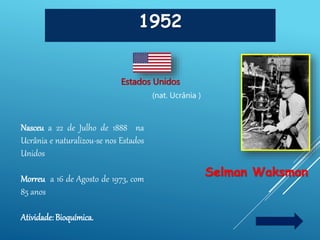 1952
Selman Waksman
Estados Unidos
(nat. Ucrânia )
Nasceu a 22 de Julho de 1888 na
Ucrânia e naturalizou-se nos Estados
Unidos
Morreu a 16 de Agosto de 1973, com
85 anos
Atividade: Bioquímica.
 
