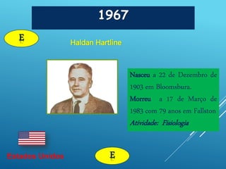 1967
Haldan Hartline
E
EEstados Unidos
Nasceu a 22 de Dezembro de
1903 em Bloomsbura.
Morreu a 17 de Março de
1983 com 79 anos em Fallston
Atividade: Fisiologia
 