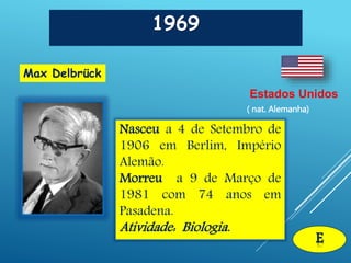 1969
( nat. Alemanha)
Estados Unidos
E
Max Delbrück
Nasceu a 4 de Setembro de
1906 em Berlim, Império
Alemão.
Morreu a 9 de Março de
1981 com 74 anos em
Pasadena.
Atividade: Biologia.
 