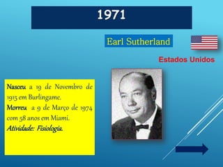 1971
Estados Unidos
Earl Sutherland
Nasceu a 19 de Novembro de
1915 em Burlingame.
Morreu a 9 de Março de 1974
com 58 anos em Miami.
Atividade: Fisiologia.
 