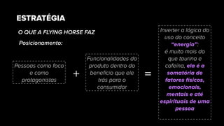 O QUE A FLYING HORSE FAZ
ESTRATÉGIA
Pessoas como foco
e como
protagonistas
Inverter a lógica do
uso do conceito
“energia”:
é muito mais do
que taurina e
cafeína, ela é a
somatória de
fatores físicos,
emocionais,
mentais e até
espirituais de uma
pessoa
Funcionalidades do
produto dentro do
benefício que ele
trás para o
consumidor
+ =
Posicionamento:
 