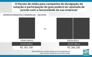 APROVEITAMENTO COMERCIAL - REVISTA
R$ 366.200
VALOR TABELA
PÁGINA DUPLAPÁGINA SIMPLES
OU
R$ 183.100
VALOR TABELA
NEGOCIAÇÃO DOS VALORES DEVERÁ SER FEITA DIRETAMENTE
COM A EQUIPE COMERCIAL DA EDITORA GLOBO.
 