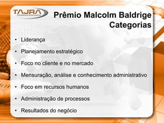 Prêmio Malcolm Baldrige
Categorias
• Liderança
• Planejamento estratégico
• Foco no cliente e no mercado
• Mensuração, análise e conhecimento administrativo
• Foco em recursos humanos
• Administração de processos
• Resultados do negócio

 