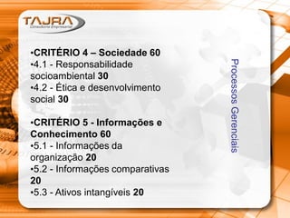 •CRITÉRIO 5 - Informações e
Conhecimento 60
•5.1 - Informações da
organização 20
•5.2 - Informações comparativas
20
•5.3 - Ativos intangíveis 20

Processos Gerenciais

•CRITÉRIO 4 – Sociedade 60
•4.1 - Responsabilidade
socioambiental 30
•4.2 - Ética e desenvolvimento
social 30

 