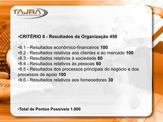 •CRITÉRIO 8 - Resultados da Organização 450
•8.1 - Resultados econômico-financeiros 100
•8.2 - Resultados relativos aos clientes e ao mercado 100
•8.3 - Resultados relativos à sociedade 60
•8.4 - Resultados relativos às pessoas 60
•8.5 - Resultados dos processos principais do negócio e dos
processos de apoio 100
•8.6 - Resultados relativos aos fornecedores 30

•Total de Pontos Possíveis 1.000

 