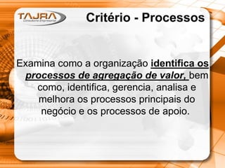 Critério - Processos

Examina como a organização identifica os
processos de agregação de valor, bem
como, identifica, gerencia, analisa e
melhora os processos principais do
negócio e os processos de apoio.

 