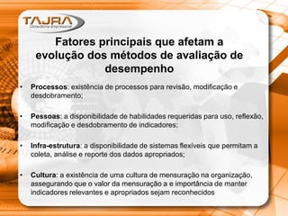 Fatores principais que afetam a
evolução dos métodos de avaliação de
desempenho
•

Processos: existência de processos para revisão, modificação e
desdobramento;

•

Pessoas: a disponibilidade de habilidades requeridas para uso, reflexão,
modificação e desdobramento de indicadores;

•

Infra-estrutura: a disponibilidade de sistemas flexíveis que permitam a
coleta, análise e reporte dos dados apropriados;

•

Cultura: a existência de uma cultura de mensuração na organização,
assegurando que o valor da mensuração a e importância de manter
indicadores relevantes e apropriados sejam reconhecidos

 